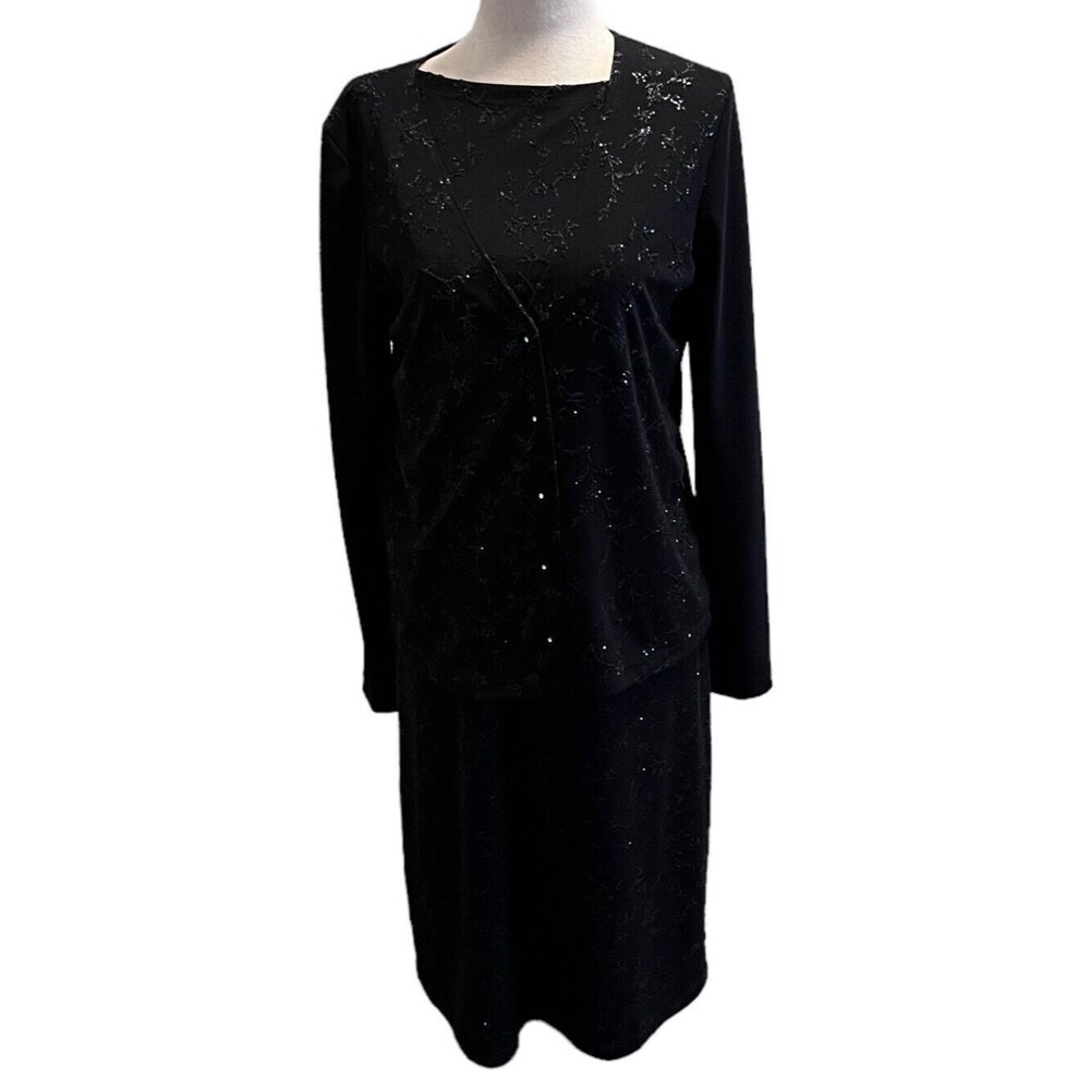 VINTAGE AGB 2 PC SMALL BLACK Sequined Sleeveless Dress LONG SLEEVE Cardigan